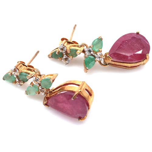 925 Sterling Silver 10 x 15 mm. Red Ruby, Emerald & Zircon Statement Earrings - Picture 2 of 4
