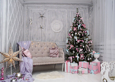 10x10ft Vinyl Backdrop Photography Background New Year Christmas Decorated Tree Toys Hobby Horse Gifts Ancient Clock Scene Children Portraits Backdrop TV Video Shoot Backdrop Studio Props