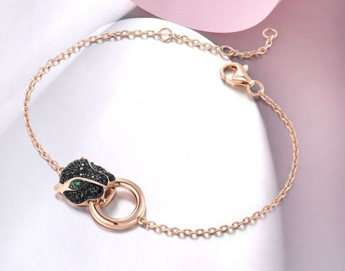 PANTHER HEAD BRACELET GILT 925 STERLING SILVER CREATED SPINEL LEOPARD CHAIN LINK - Picture 7 of 9