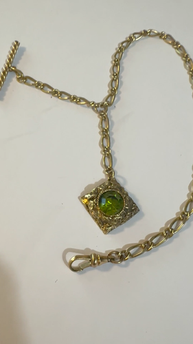 Old Antique Vintage Pocket Watch Fob Chain Large Peridot Stone w/ Claw & T-Bar - Video 1 of 1