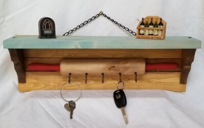 Wood Rolling Pin Wall Decor SHELF Rack Rustic Key Holder Hooks Great for Kitchen eBay