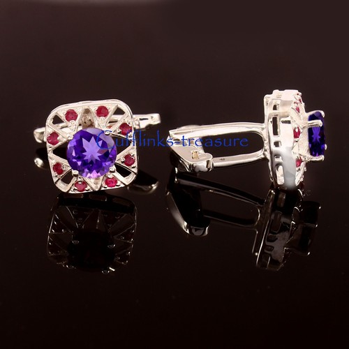 Natural Amethyst & Ruby Gemstones with 925 Sterling Silver Men's Cufflinks #623 - Picture 2 of 7