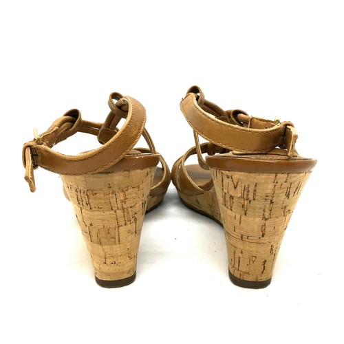 Clarks Bendables Womens Sz 11 Natural Brown Leather Strappy Cork Wedge Sandals - Picture 8 of 9