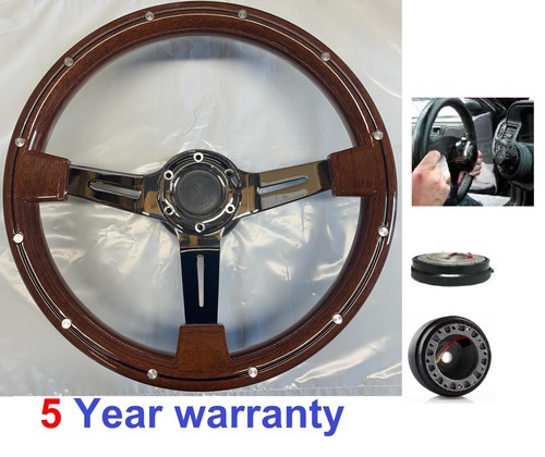 WOOD STEERING WHEEL & QUICK RELEASE BOSS KIT FIT 48 SPLINE LAND ROVER DEFENDER - Afbeelding 1 van 7