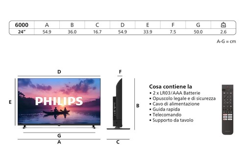 Philips Smart TV 24" HD Ready LED TitanOS Dolby Audio Classe E Nero 24PHS6000/12 - Foto 3 di 10