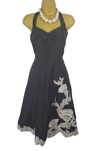 KAREN MILLEN Black Oriental Floral Corset Floral Dress, Fit n Flare UK10