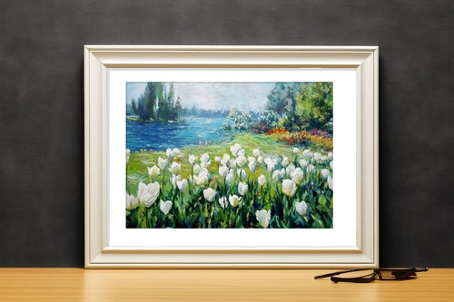 Spring Garden Tulips 5"x7" Print on Matte Paper | Lush Floral Impasto Landscape - Picture 9 of 17