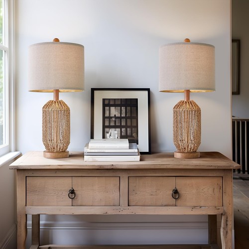 21" Boho Table Lamps Set of 2 Living Room Bedside Lamps for Nightstand Rattan - Bild 2 von 10