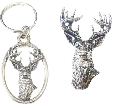 Stag Head Keyring And Pin Badge Boxed Gift Set Handcrafted In Solid Pewter 
