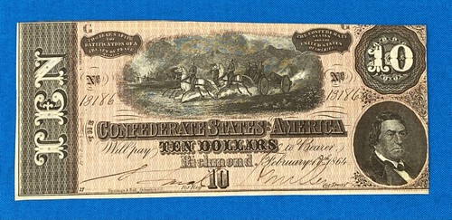 Civil War era 1864 Confederate States of America $10.00 Note - Picture 1 of 4