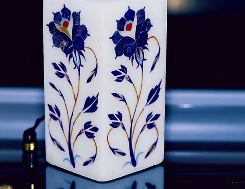Soporte para bolígrafo floral de lapislázuli con incrustaciones de mármol organizador de papelería artesanal Dec - Imagen 2 de 5