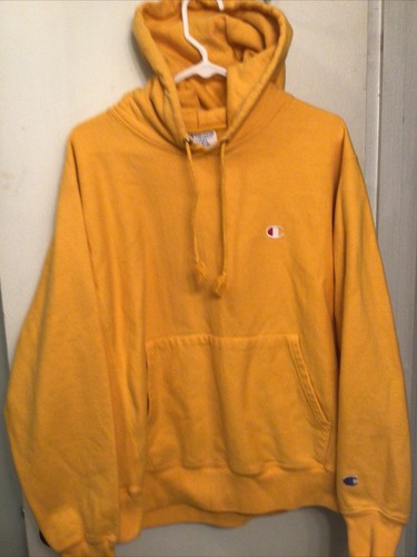 Vintage 90s Champion Reverse Weave Hoodie Sweatshirt Mens L Yellow Gold Logo - Picture 1 of 4