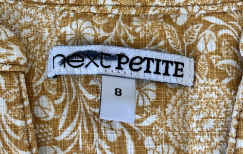 Next Petite Linen Blend Mustard Patterned Short Sleeve Dress Size 8 Button Neck - Picture 2 of 13
