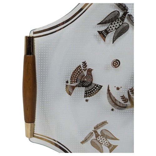 Georges Briard - MCM Glass Birds Serving Tray Sonata Pattern 13" - teak handles - Picture 2 of 8