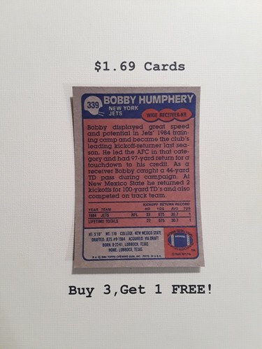 1985 Topps Bobby Humphrey Rookie #339 football card New York Jets - Picture 2 of 2