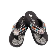 MONTANA WEST Mandala Hand-Stitch Wedge Black Flip Flops