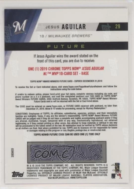 2019 Topps Now Future Pack: 2019 MLB Award Winners Jesus Aguilar (Base) #29 - Image 2 of 2