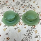 Lot Of 2 Fire King Jadeite Jane Ray Coffee Tea Cups & Saucers Vintage Ribbed