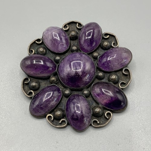 Vintage Antique 925 Sterling Silver Brooch Pin Purple Amethyst Gemstones Flower