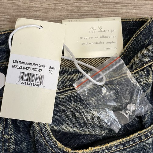 mnml B384 Metal Eyelet Grommet Yellow Washed Distressed Denim Flare Jeans sz 28 - Picture 3 of 10