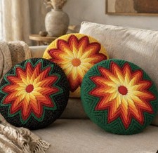 Set of 3 Vintage Granny crochet throw pillows starburst double-sided, 70s