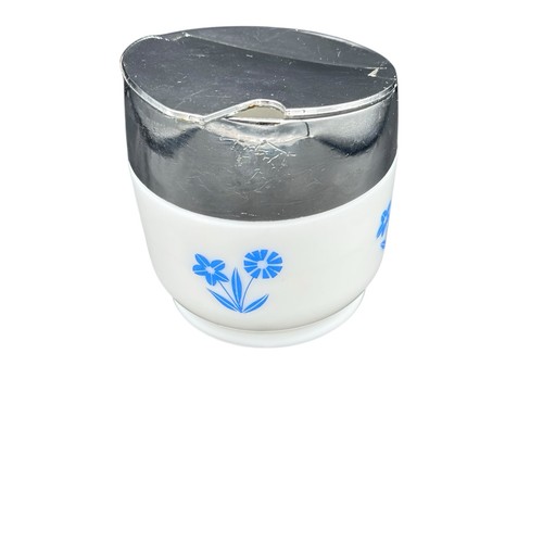 Pyrex Gemco Blue Cornflower Sugar Bowl White Glass Chrome Lidded Coffee Vintage - Picture 4 of 17