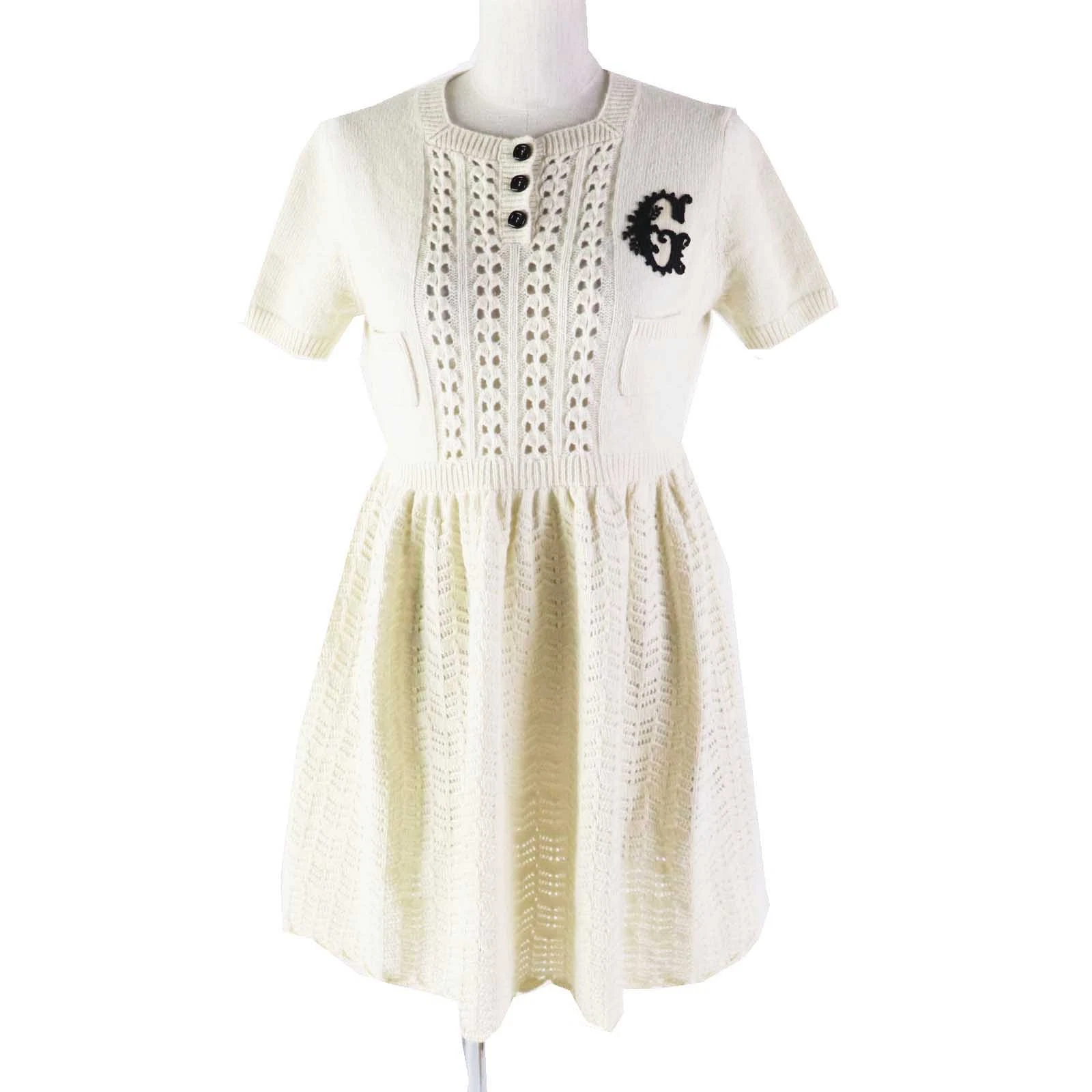 Robe GUCCI Superbe état 642084 broderie manches courtes tricot ivoire