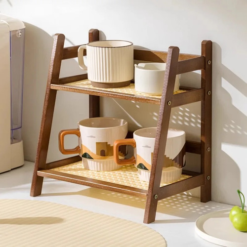Organizador de encimera soporte para taza de café de 2 capas estante de almacenamiento de bambú multiusos - Imagen 2 de 13