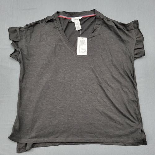 For The Republic Shirt Womens Large L Short Ruffle Sleeve V Neck Pullover Black