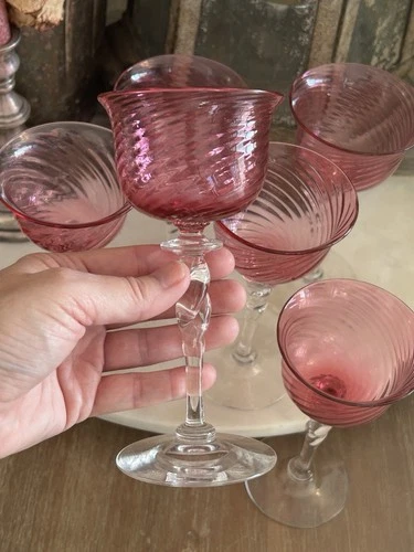 Steuben 6" Cranberry Optic Swirl Twist Stem Glass Frederick Carder Era 1903-1933