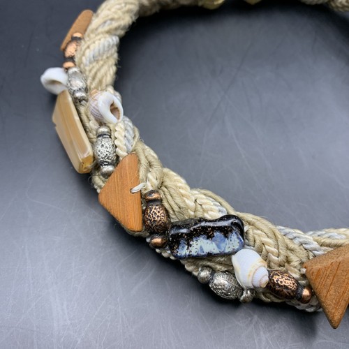 Chunky Abstract Collar Necklace Braided Cord Thick Rope Seashell Glass Vintage - Picture 4 of 7