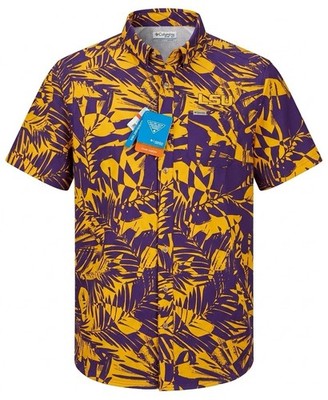 Columbia LSU PFG Omni-Shade Super Slack Tide Shirt Purple Yellow Button Up NWT