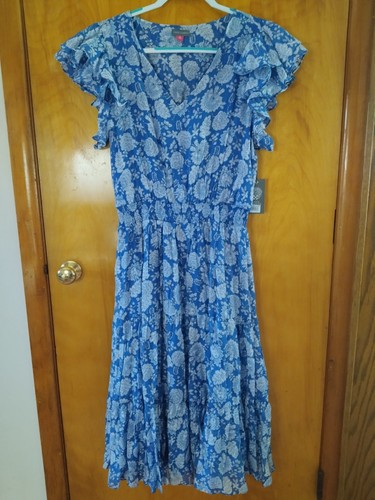 Vince Camuto Blue Floral Garden Party Dress Flutter Sleeves Ruffle Skirt NWT  10