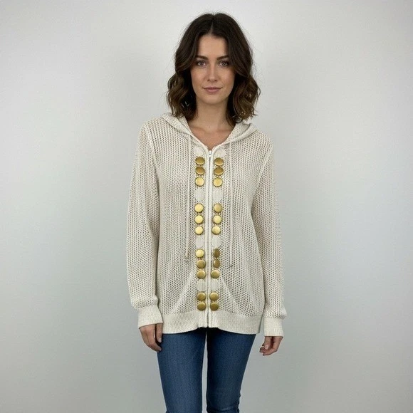 Just B Women Cream Open Knit Metallic Zip Up Hoodie Gold Button Accent Medium