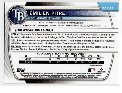 Emilien Pitre Tampa Bay Rays 2025 Bowman 1st Bowman Chrome **** - Picture 3 of 3