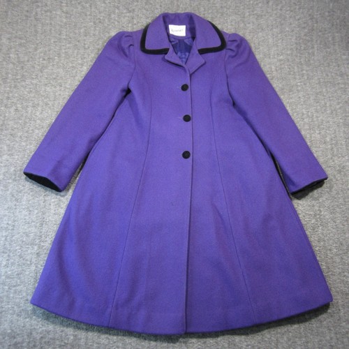 Vtg Rothschild Long Peacoat Girls 12 Purple Overcoat Velvet Trim Bow Old Money - Picture 2 of 20