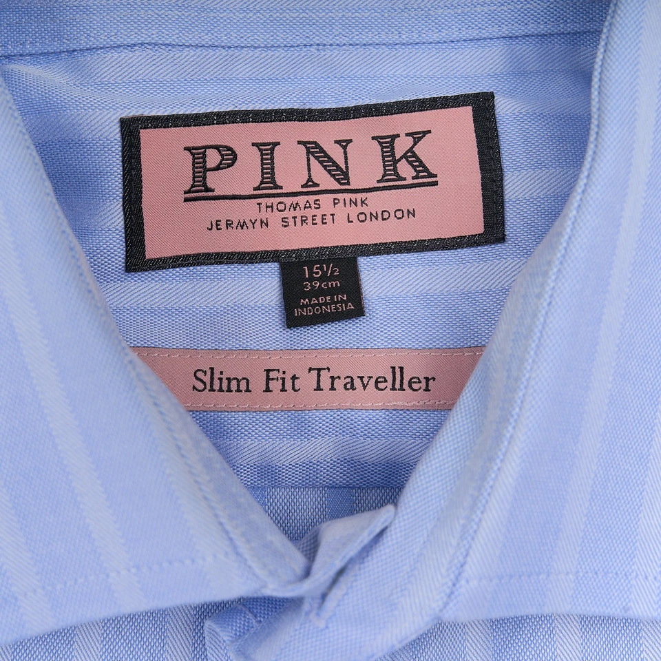Camisa de vestir de viajero rosa ajustada para hombre 15,5 azul a rayas cuello extendido Foto 3 de 4