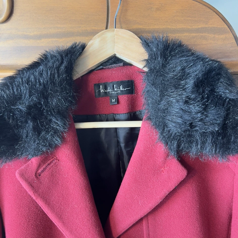 Abrigo Vintage Y2K Años 2000 Nicole Miller Lana Imitación Piel Rojo Negro Penny Lane Mediano Foto 3 de 4
