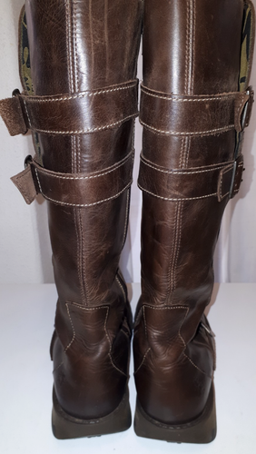 FLY LONDON Solv 7.5/41 brown leather wedge rubber heel side zip below knee boots - Picture 12 of 18