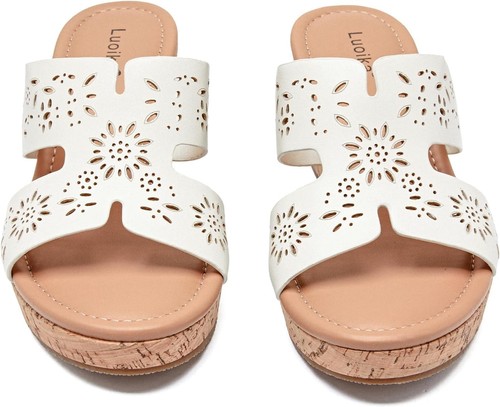Luoika Damen Weite Keilabsatz Pantoletten Sandalen, Slipper 8,5 X-Weit, Weiß 901 - Bild 5 von 7
