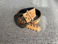 90s Vintage Suede Leather Belt with Flower Buckle Studs, Beige, Used