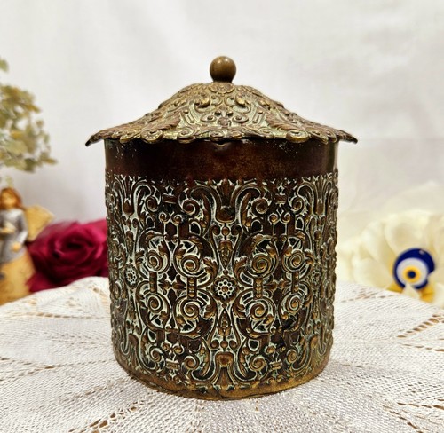 Vintage Metal Lidded Container With Raised Patterns - Picture 5 of 7