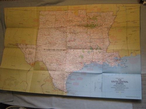 VINTAGE THE SOUTH CENTRAL STATES MAP AR OK LA TX National Geographic  Oct. 1974