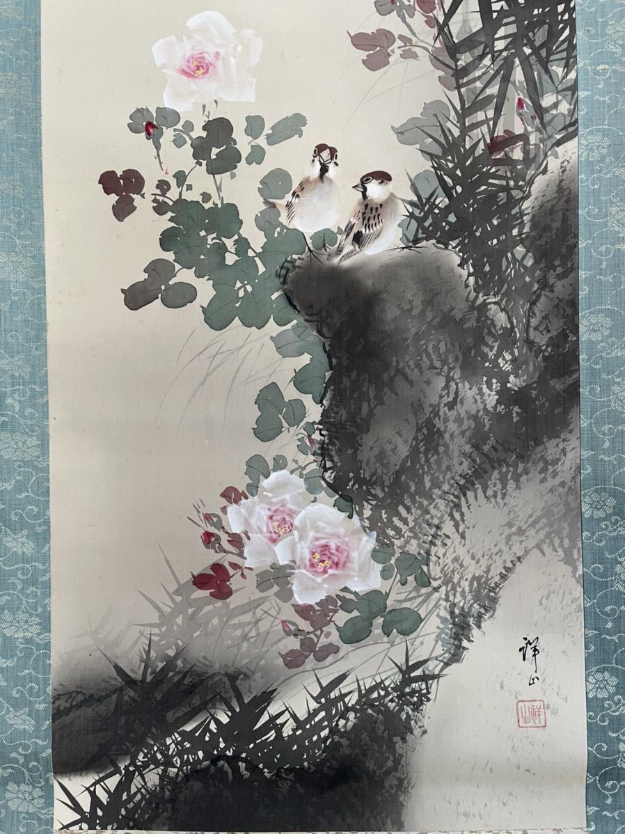 HANGER SCROLL JAPANESE PAINTING JAPAN FLOWER ROSE Bird