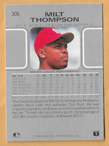 MILT THOMPSON ST. LOUIS CARDINALS #308 - HOJA CASI NUEVA - MONTADA 1990 - Imagen 2 de 2