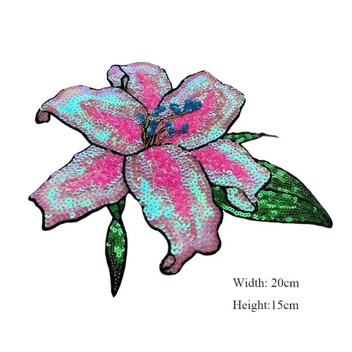 Pink Lily Flower Embroidery Patch Sequin Sticker Patches For Clothing Appliques - Picture 5 of 24