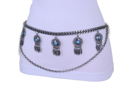 Women Bohemian Belt Rusty Silver Metal Chain Feather Turquoise Charm Plus XL XXL - Picture 14 of 24