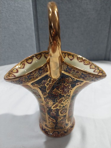 Chinesisch - Satsuma Keramik handbemalt weinender Goldkorb Hochzeit Vase signiert - Bild 3 von 15