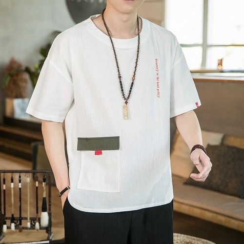 Men Short Sleeve Shirt Chinese Style Blouse Ethnic Top Round Neck Tang Suit Cosy - Bild 6 von 11