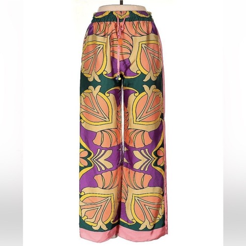 Neu ohne Etikett Zara Hose Satinoptik bedruckt weites Bein orange/pink/lila Kordelzug Gr. L - Bild 2 von 12